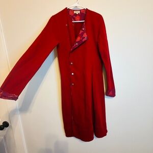 Women's Long Red Trench Coat with Patterned Trim